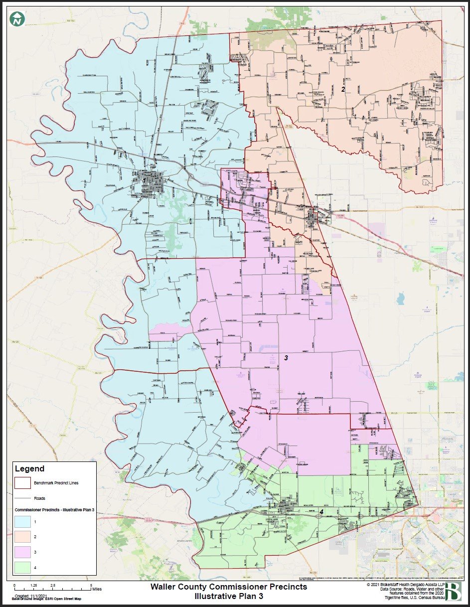The precinct map above was adopted by the Waller County Commissioners Court on Nov. 3. The precincts are drawn to balance population among the four precincts while keeping communities of interest together. Precinct 4 is geographically smaller than the other three precincts because it has an overall higher population density due to its proximity to I-10 and industrial and residential growth in the area over the past decade.
